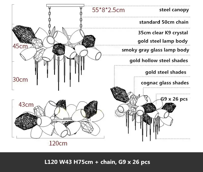Modern gold flower glass shades led chandelier stairs hanging lamp