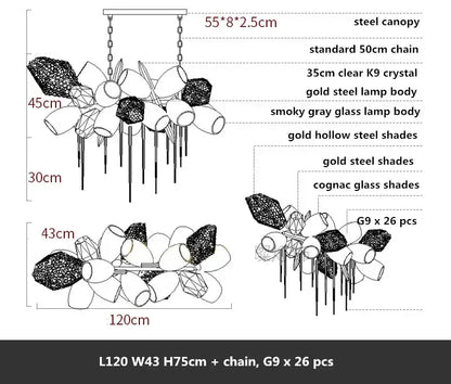 Modern gold flower glass shades led chandelier stairs hanging lamp