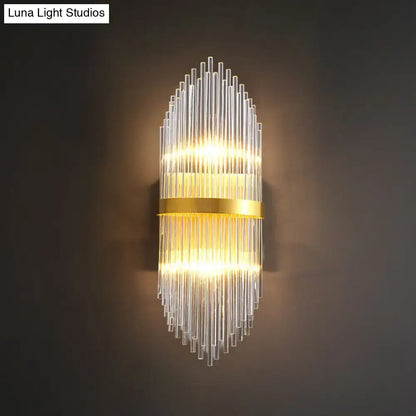 Modern gold flute shaped wall sconce with clear crystal rods bedroom