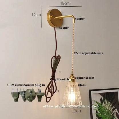 Modern gold fluted clear glass led wall light bedroom sconce
