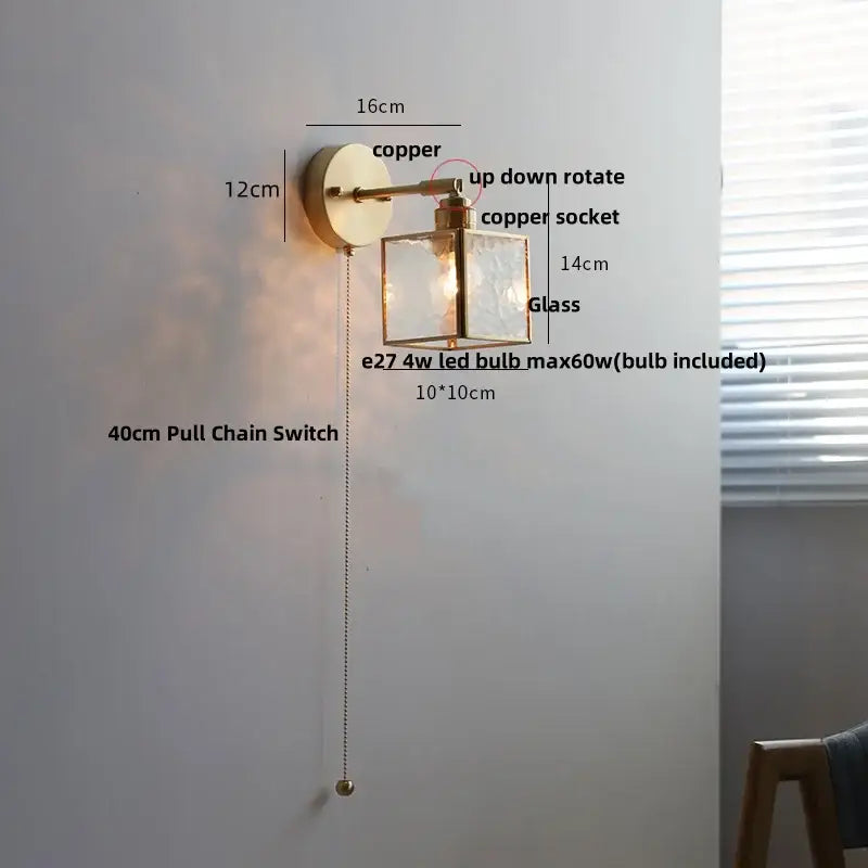 Modern gold fluted glass led wall sconce bedroom light with pull chain