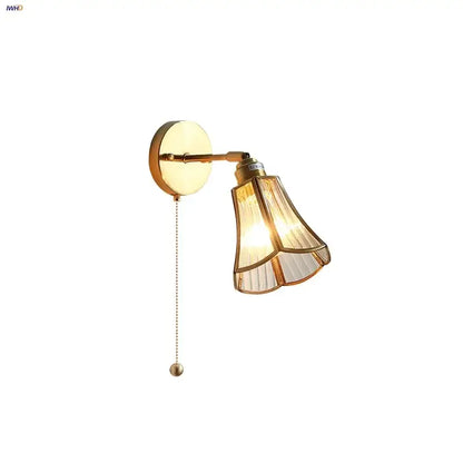 Modern gold fluted glass led wall sconce bedroom light with pull chain