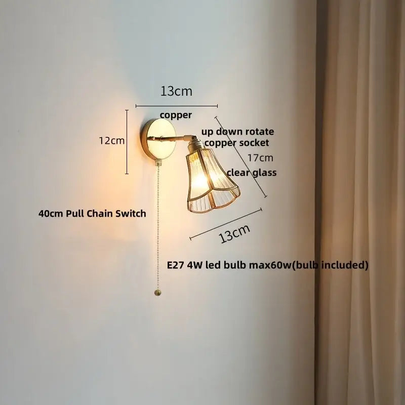 Modern gold fluted glass led wall sconce bedroom light with pull chain