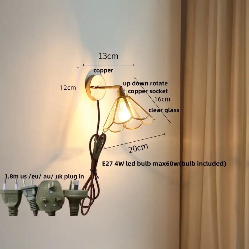 Modern gold fluted glass led wall sconce bedroom light with pull chain