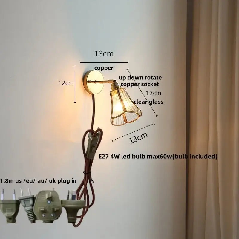 Modern gold fluted glass led wall sconce bedroom light with pull chain