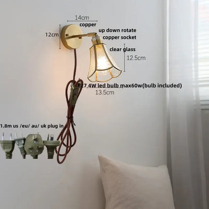 Modern gold fluted glass led wall sconce bedroom light with pull chain