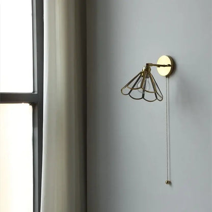 Modern gold fluted glass led wall sconce bedroom light with pull chain