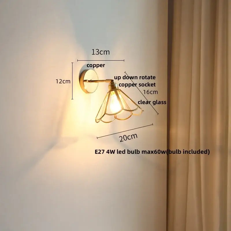 Modern gold fluted glass led wall sconce bedroom light with pull chain