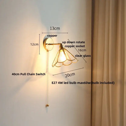 Modern gold fluted glass led wall sconce bedroom light with pull chain