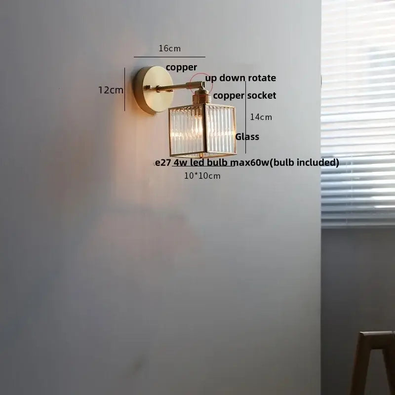 Modern gold fluted glass led wall sconce bedroom light with pull chain