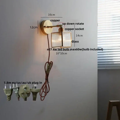 Modern gold fluted glass led wall sconce bedroom light with pull chain