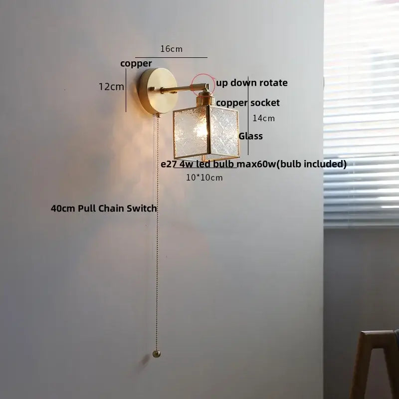 Modern gold fluted glass led wall sconce bedroom light with pull chain