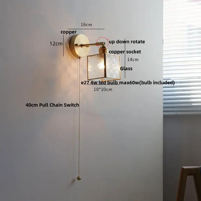 Modern gold fluted glass led wall sconce bedroom light with pull chain