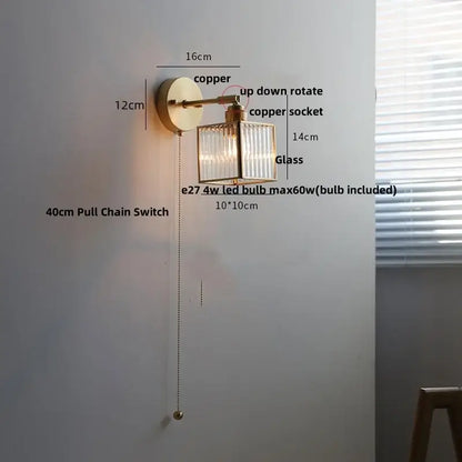 Modern gold fluted glass led wall sconce bedroom light with pull chain