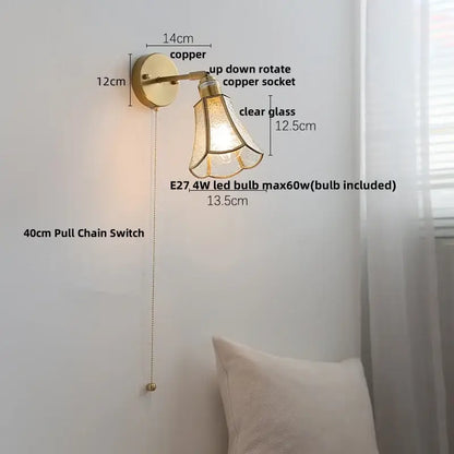 Modern gold fluted glass led wall sconce bedroom light with pull chain