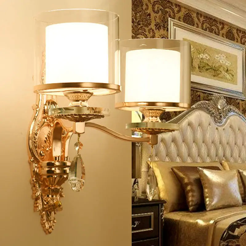 Modern gold frosted glass wall lamp bedroom ornate crystal sconce