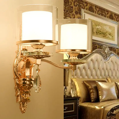Modern gold frosted glass wall lamp bedroom ornate crystal sconce