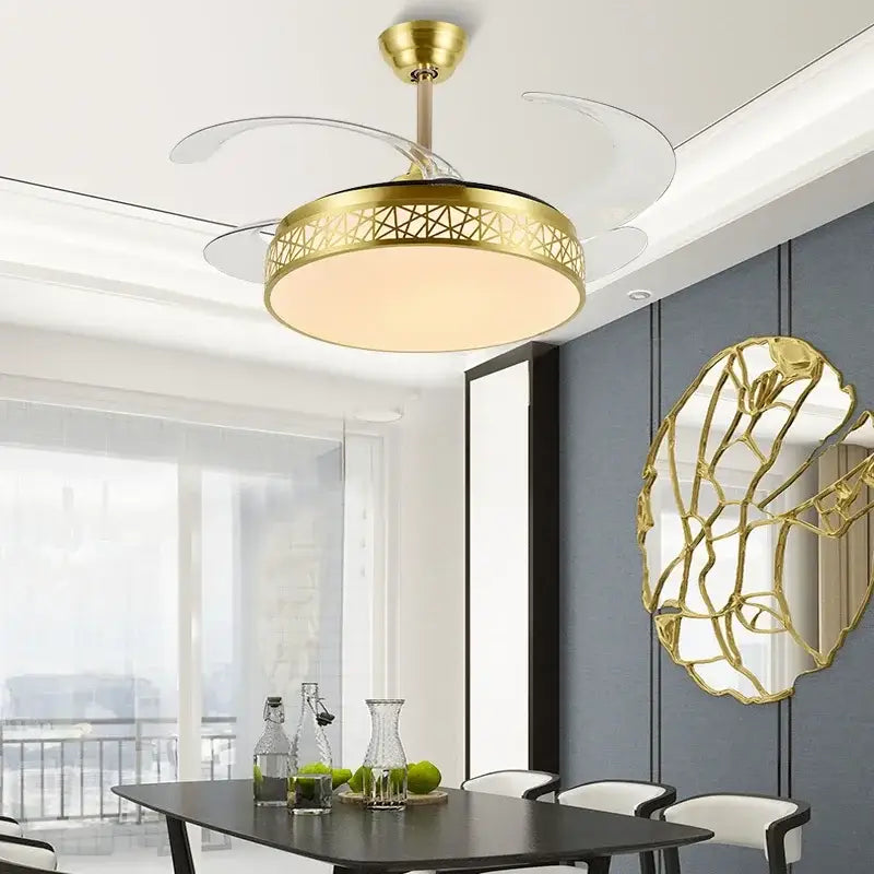 Modern gold geometric ceiling fan with led – living room