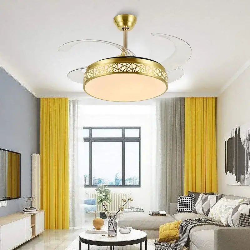 Modern gold geometric ceiling fan with led – living room