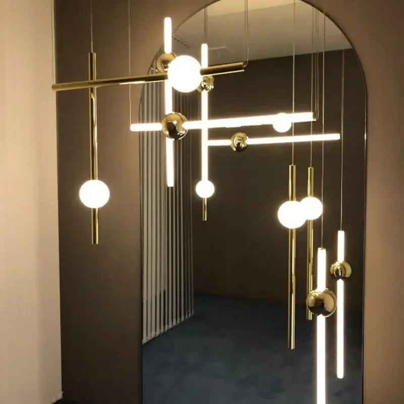 Modern gold geometric line frame pendant lights dining room glass globe