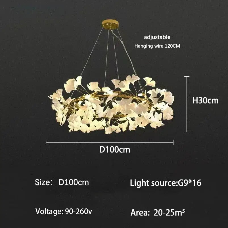 Modern gold ginkgo branch leaf led chandelier for living room