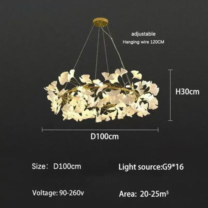 Modern gold ginkgo branch leaf led chandelier for living room