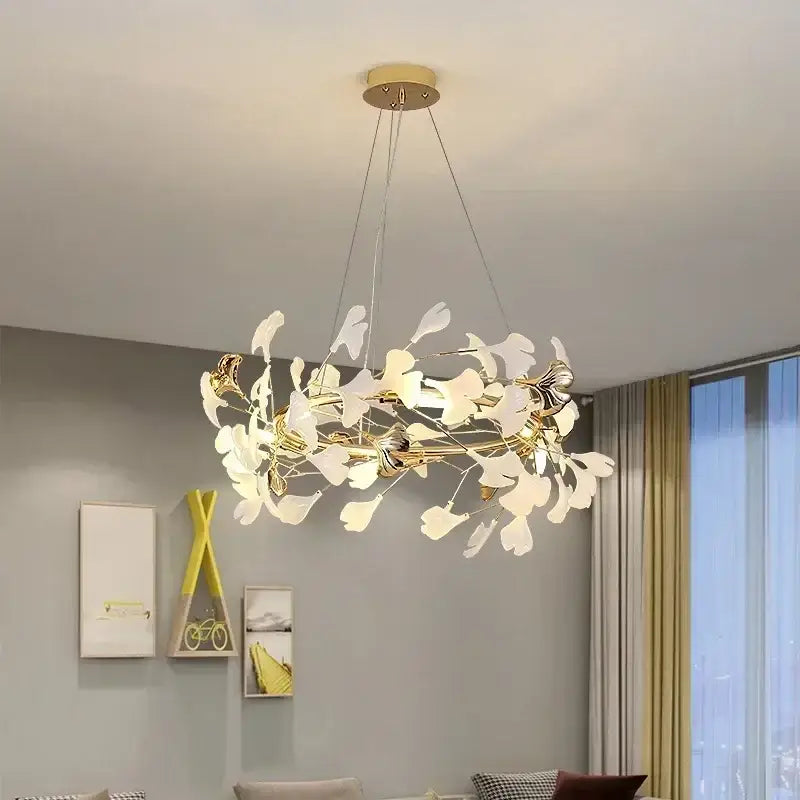 Modern gold ginkgo branch leaf led chandelier for living room