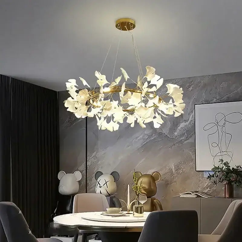 Modern gold ginkgo branch leaf led chandelier for living room
