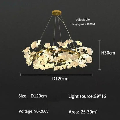 Modern gold ginkgo branch leaf led chandelier for living room