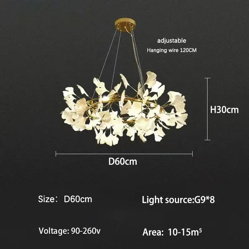 Modern gold ginkgo branch leaf led chandelier for living room