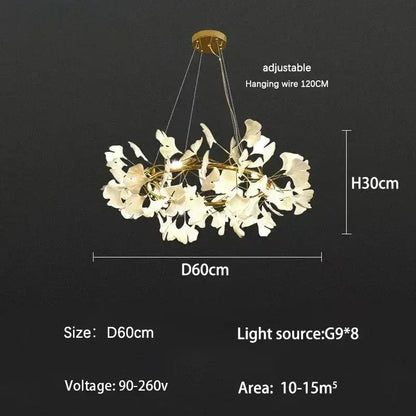 Modern gold ginkgo branch leaf led chandelier for living room