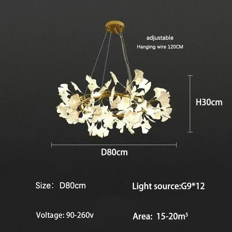Modern gold ginkgo branch leaf led chandelier for living room