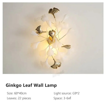 Modern gold ginkgo leaf porcelain wall sconce bedroom light