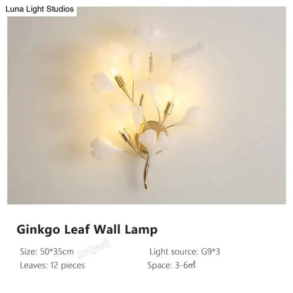 Modern gold ginkgo leaf porcelain wall sconce bedroom light