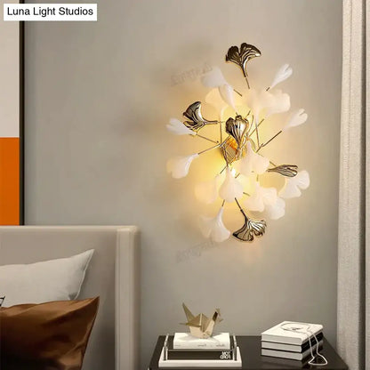 Modern gold ginkgo leaf porcelain wall sconce bedroom light