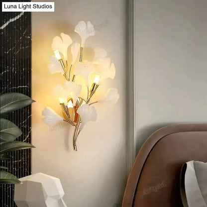 Modern gold ginkgo leaf porcelain wall sconce bedroom light