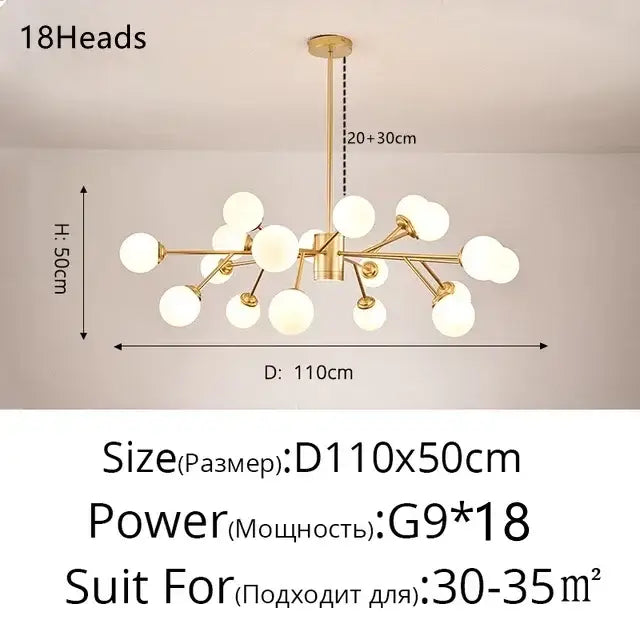 Modern gold glass ball modern branch chandelier living room light
