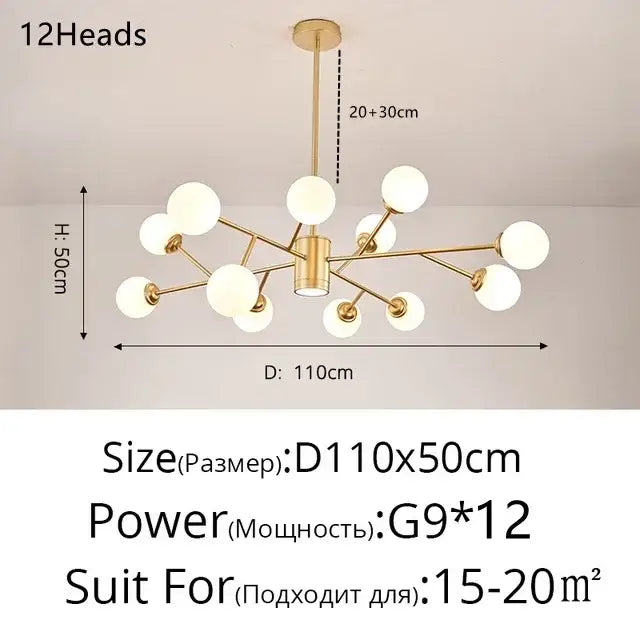 Modern gold glass ball modern branch chandelier living room light