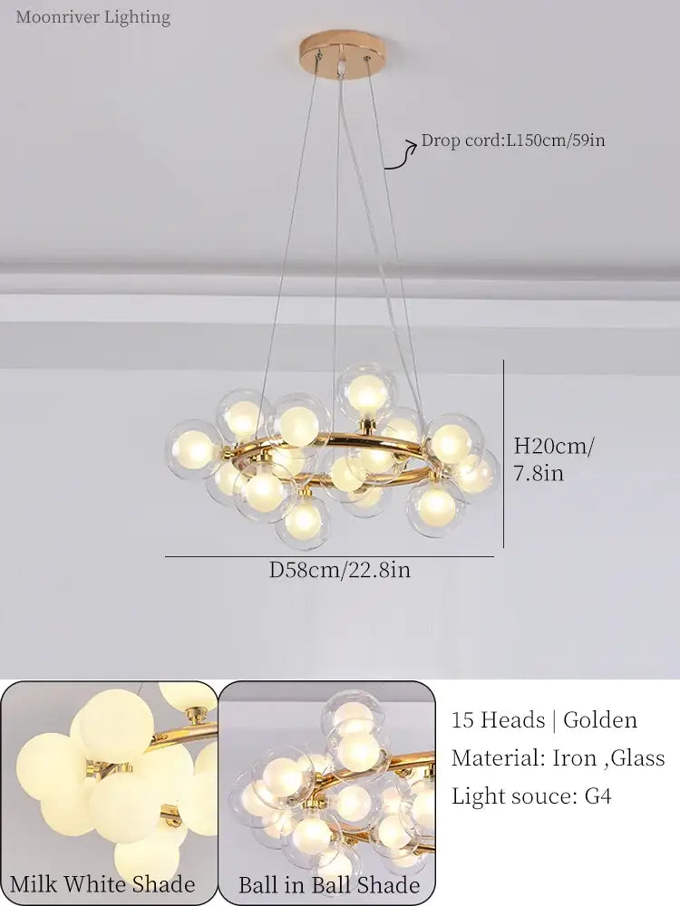 Modern gold glass ball led chandelier for dining room