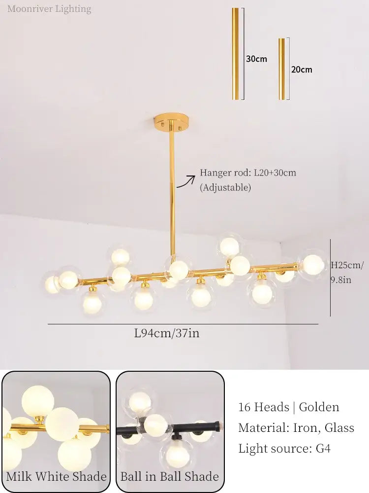 Modern gold glass ball led chandelier for dining room