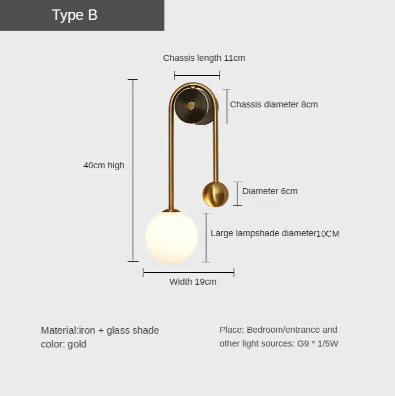 Modern gold glass ball led wall lamp for bedroom and study