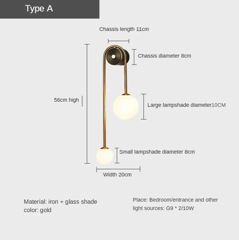 Modern gold glass ball led wall lamp for bedroom and study