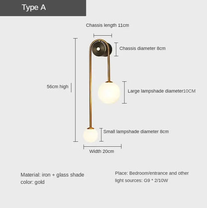 Modern gold glass ball led wall lamp for bedroom and study