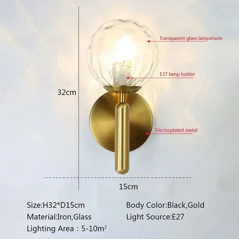 Modern gold glass ball led wall lamp for bedroom