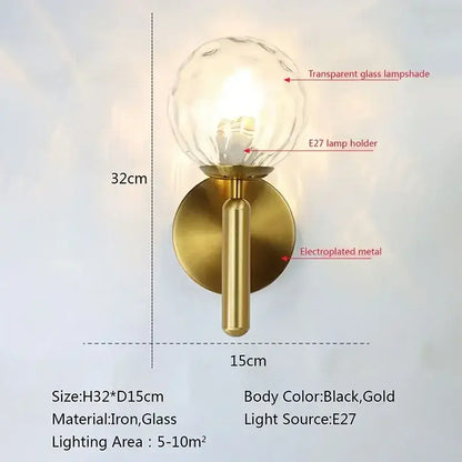 Modern gold glass ball led wall lamp for bedroom