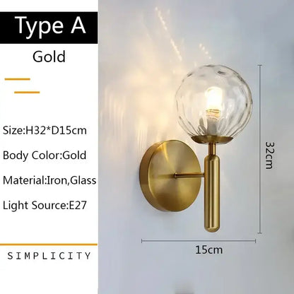 Modern gold glass ball led wall lamp for bedroom