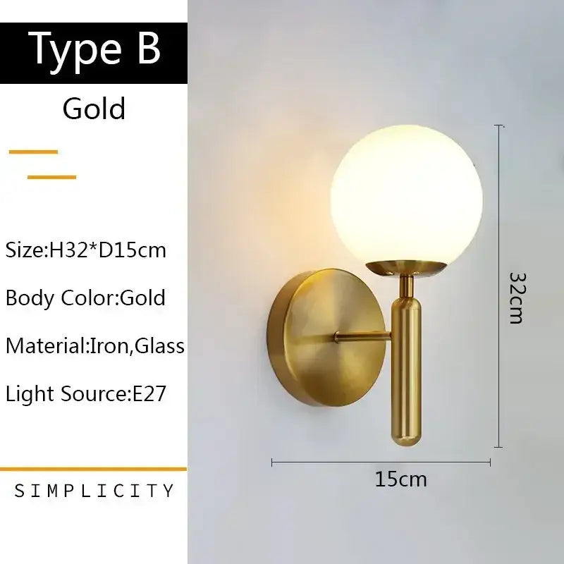 Modern gold glass ball led wall lamp for bedroom