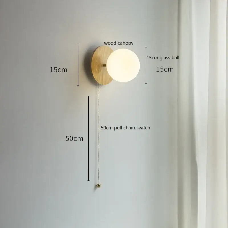 Modern gold glass ball wall lights with pull chain for bedroom