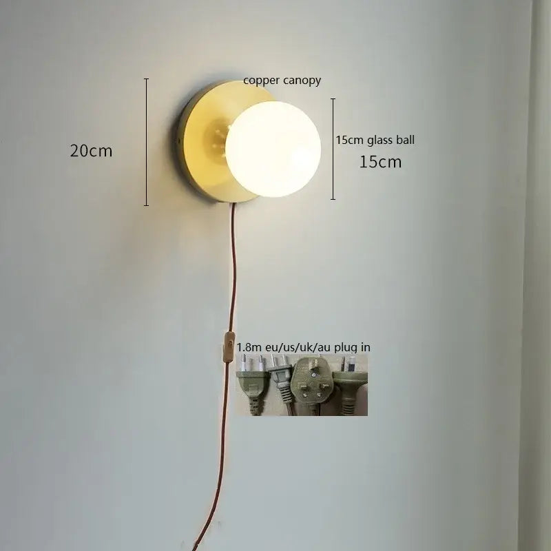 Modern gold glass ball wall lights with pull chain for bedroom