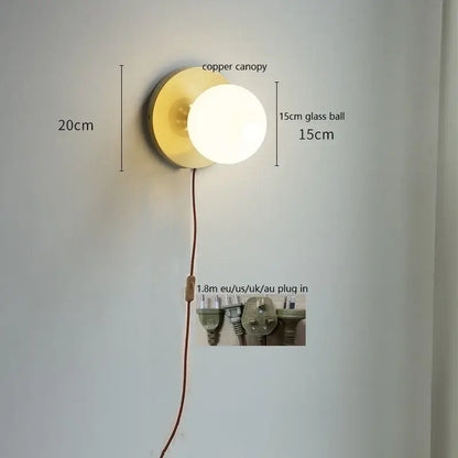 Modern gold glass ball wall lights with pull chain for bedroom